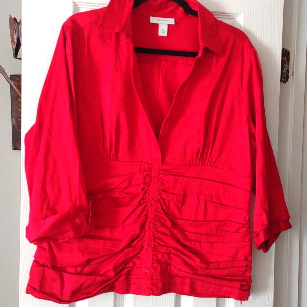 Bright Red~ Ruched Front~3/4 Length Sleeve with V~Neck ~ Button Front Blouse